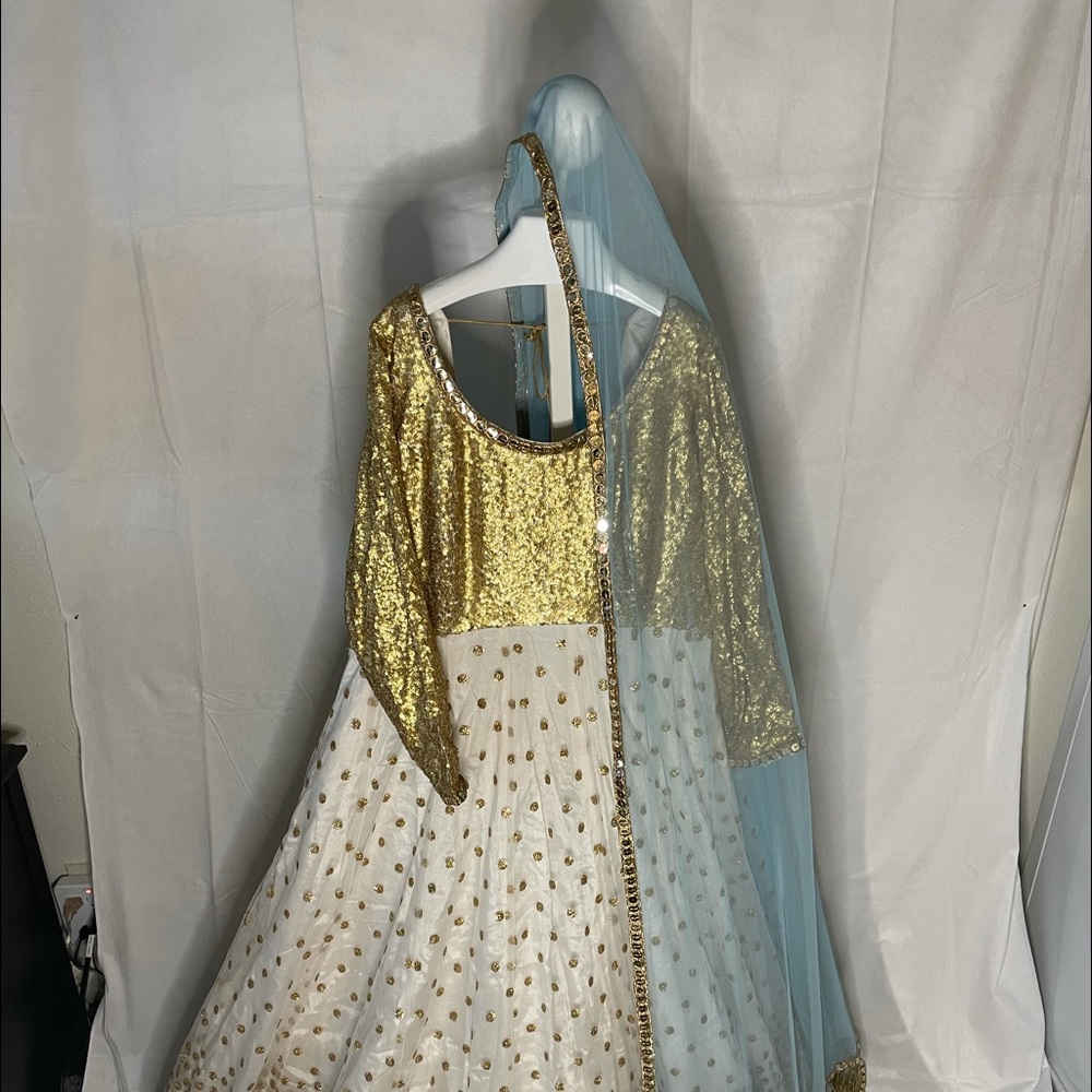 White and Gold Anarkali/Gown w/Baby Blue Duppatta